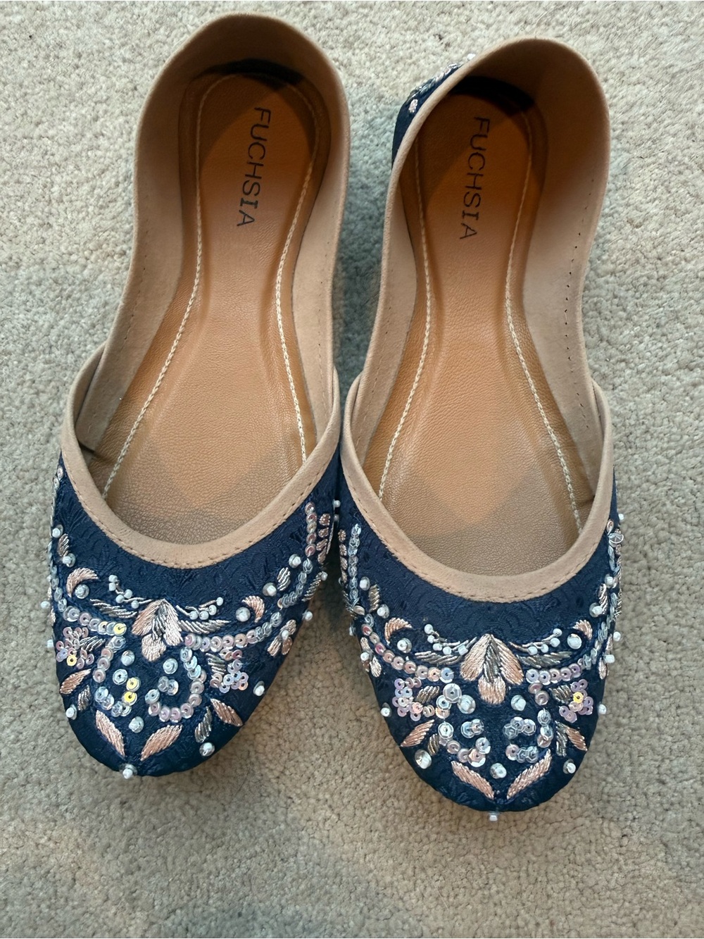 Fuchsia Navy Embroidered Sequin Ballet Flats